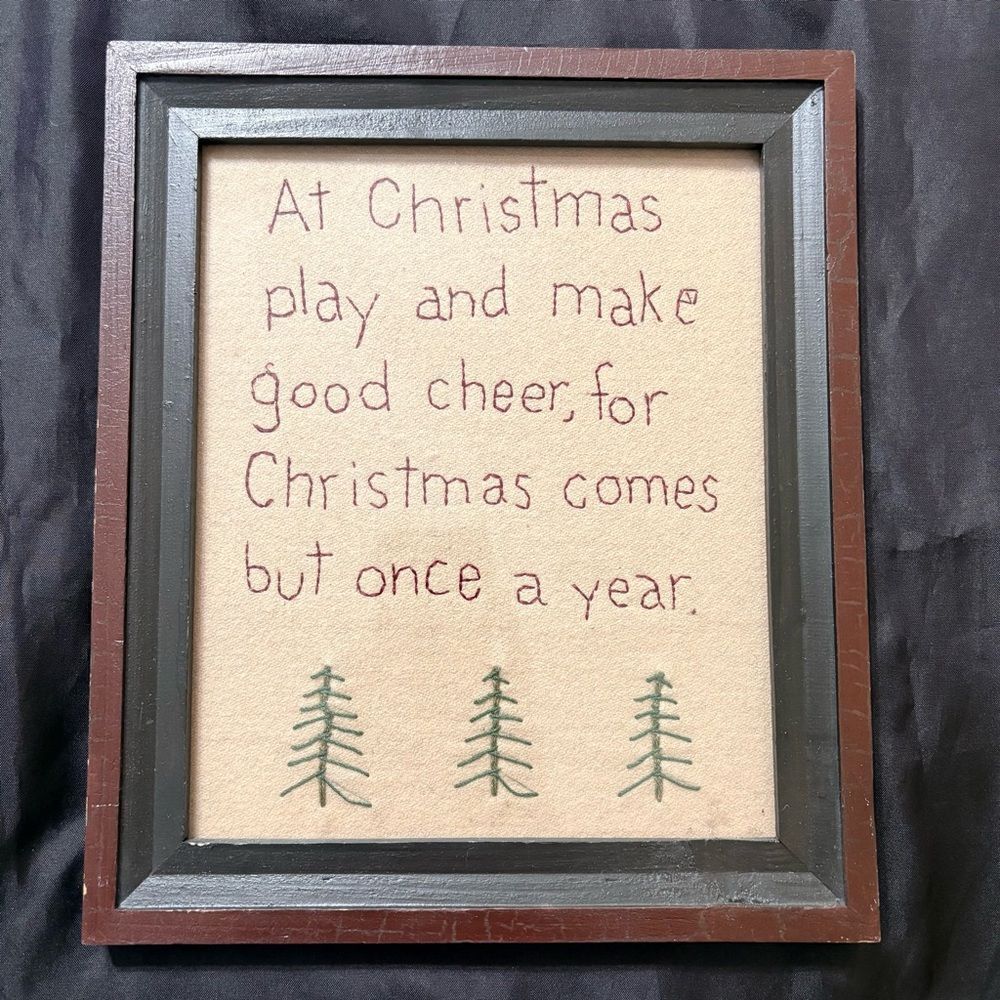 Vintage Christmas Needlework Sampler Framed Holiday Folk Art Wall Decor